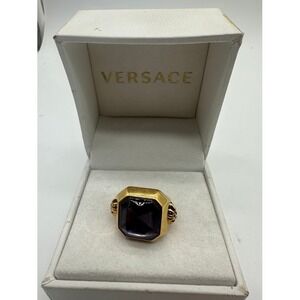 Versace Gold Medusa Head Purple Amethyst Crystal Cocktail Ring Size 19 Italy